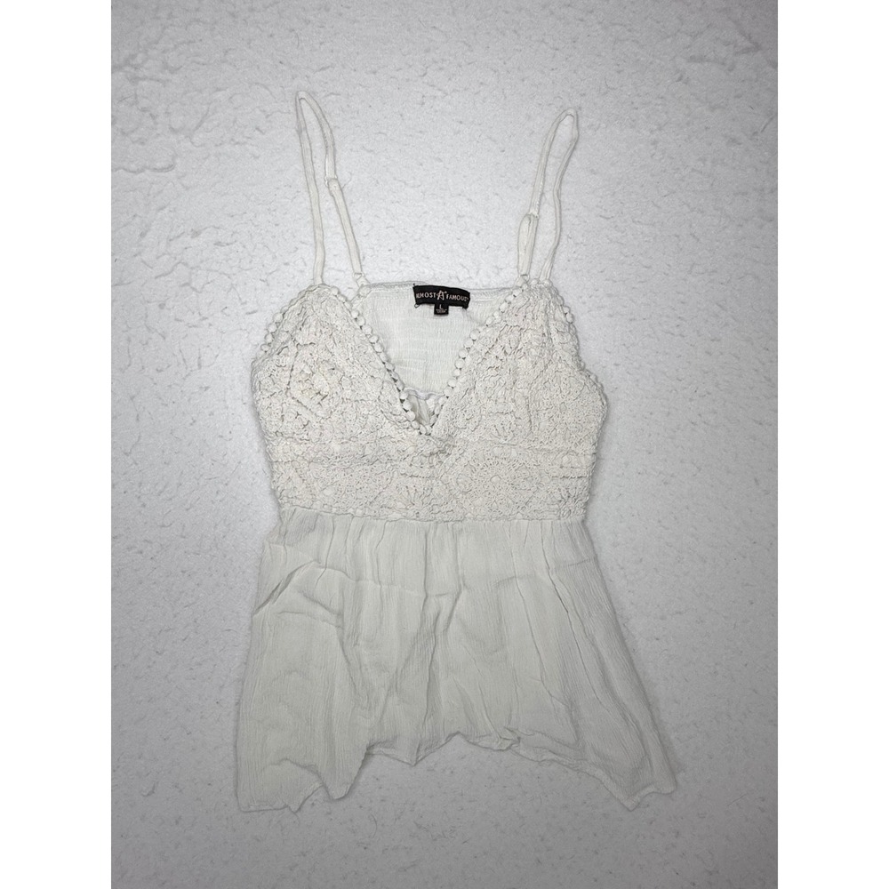 Almost Famous White Crochet Lace Boho Cami Top Sharkbite Hem Smocked Back Large